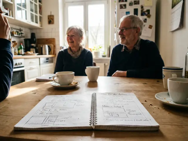 Ein älteres Ehepaar sitzt gemeinsam mit einem Berater an einem Esstisch und führt bei einer Tasse Kaffee ein vertrauensvolles und ehrliches Gespräch.