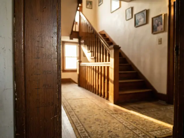 Blick auf eine dunkle, geschwungene Holztreppe in einem klassischen Einfamilienhaus, die in das obere Stockwerk führt und die Herausforderungen eines großen Hauses im Alter symbolisiert.
