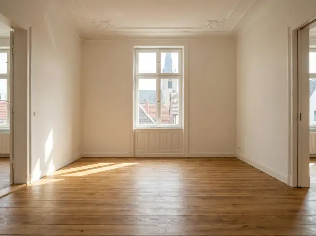Ein geräumiges, komplett leergeräumtes Zimmer mit hellem Holzboden und einem großen Fenster, durch das Tageslicht fällt, bereit für eine Übergabe.