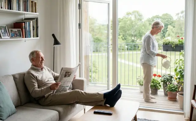 Ein älteres Paar genießt sein neues, barrierearmes Zuhause: Der Mann sitzt entspannt lesend auf dem Sofa, während die Frau sich im hellen, modernen Wohnzimmer mit großen Fenstern um Zimmerpflanzen kümmert.