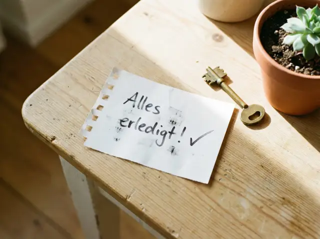 Ein kleiner weißer Notizzettel mit handschriftlichen Notizen liegt neben einem alten Hausschlüssel und einer kleinen Topfpflanze auf einem sonnigen Holztisch.